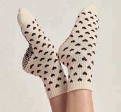 Cream Tube Sock with Burgundy Hearts