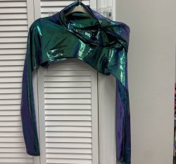 Green Metallic Shimmer Long Sleeve Hooded Half Top