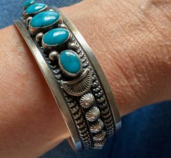 Vintage R Bennett STERLING stamped silver bracelet Morenci Turquoise Vintage Cuff