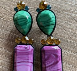 ZARA Geometric Earrings In Green & Purple Resin Blk Border